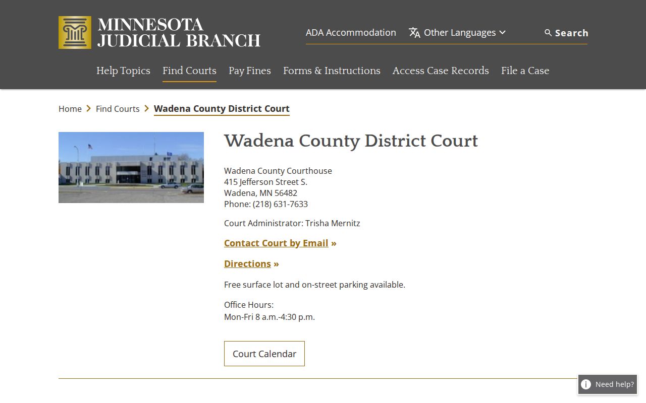 Wadena County court docket district court administration