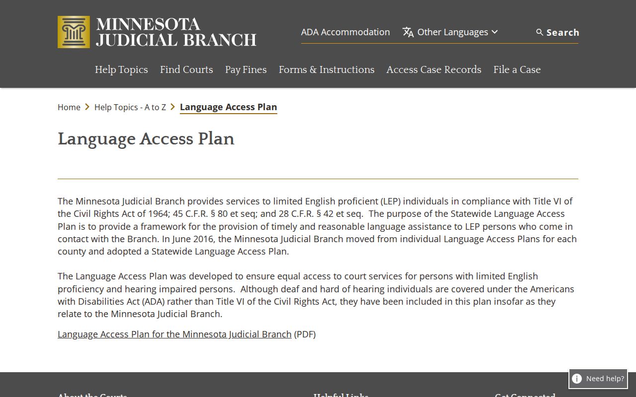 Wadena County court calendar language access