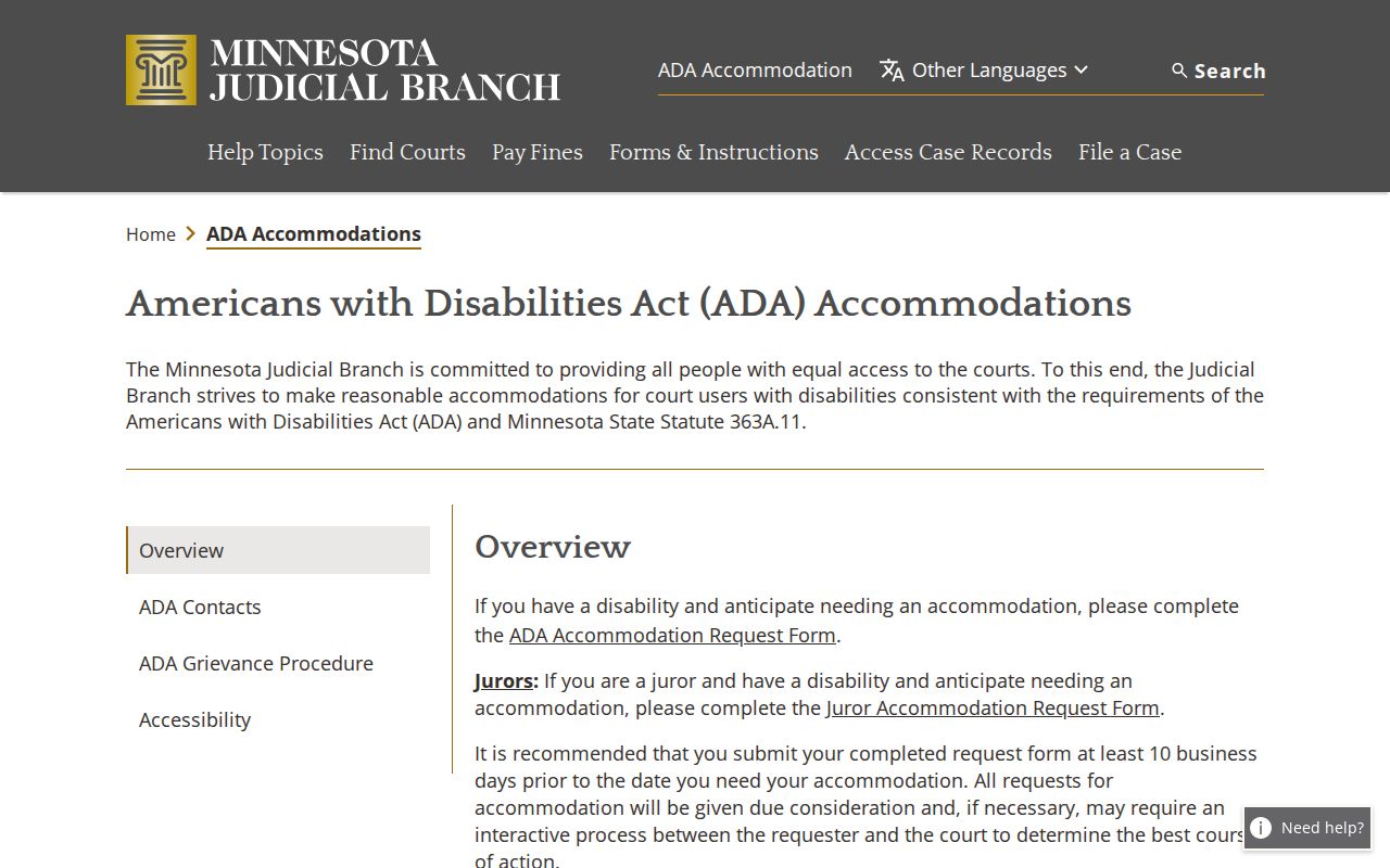 Wadena County court calendar ADA accommodations