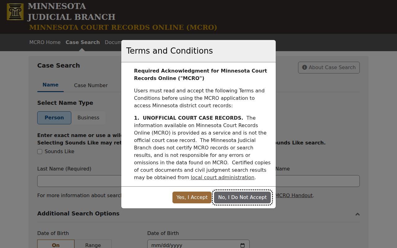 Wadena County case search fields in Minnesota Court Records Online