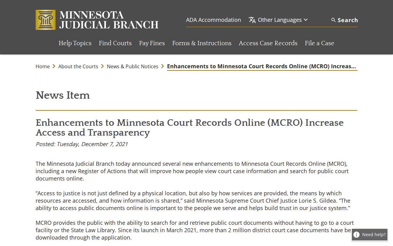 Wadena County case search information about Minnesota Court Records Online enhancement