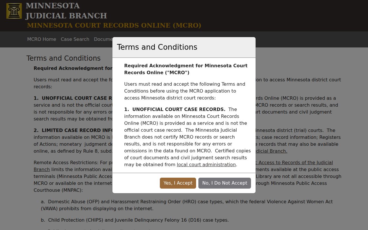 Wadena County case search MCRO terms and public access notice