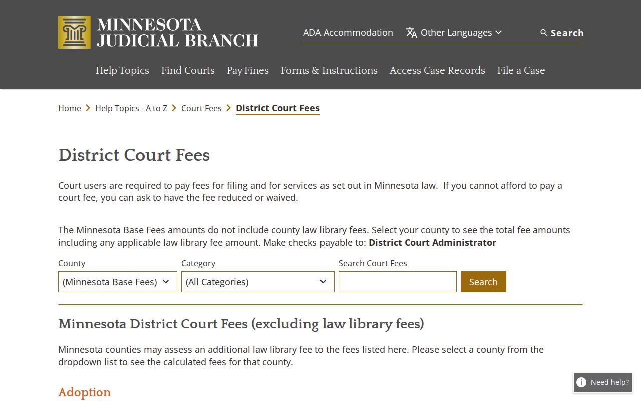 Wadena County civil court dockets district court fee information