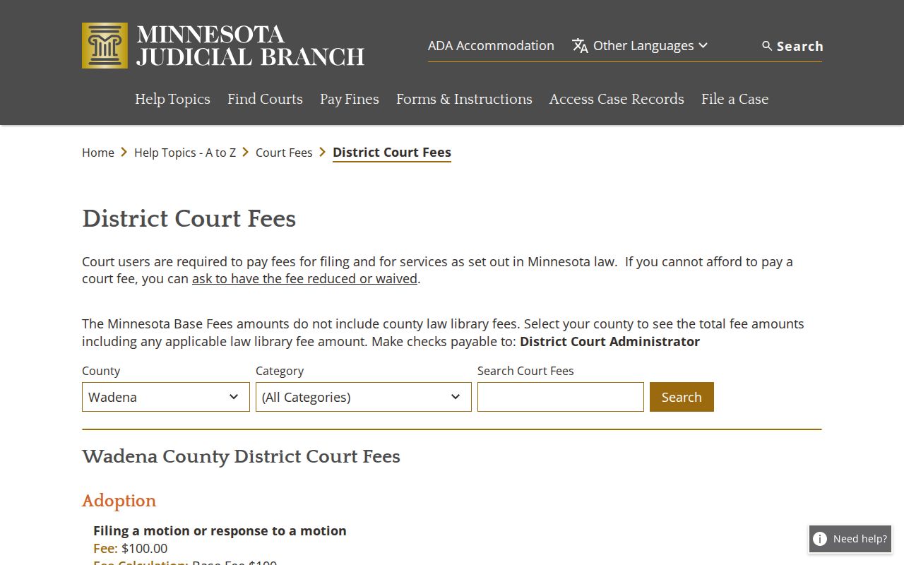Wadena County civil court dockets Wadena court fees