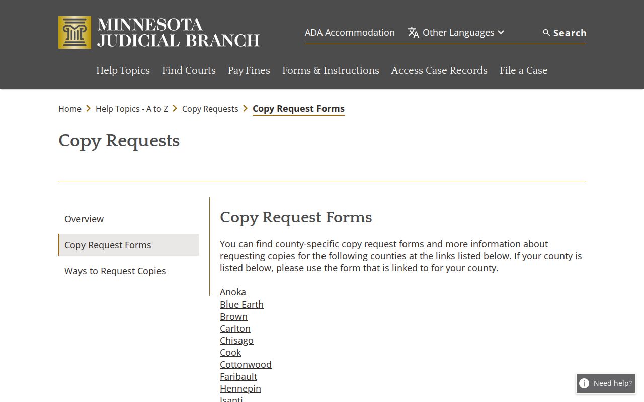 Wadena County court records statewide copy request forms