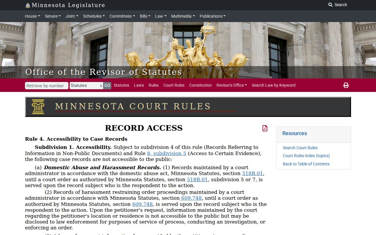 Wadena County court records Minnesota Rule of Public Access 4 source
