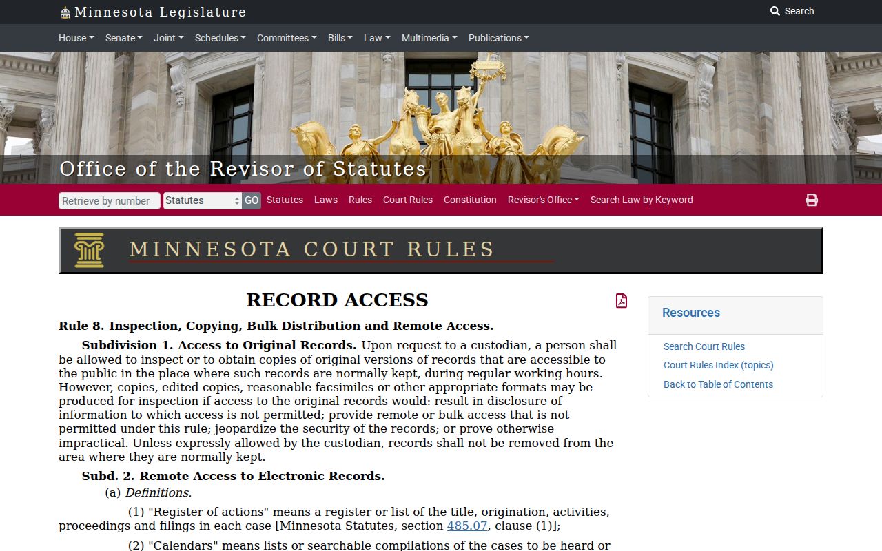 Wadena County court records Minnesota Rule of Public Access 8 source